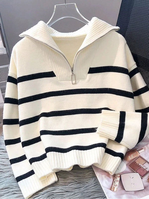 New Autumn/Winter Women Striped Crew Neck All-Match Sweater, Fashionable & Simple Pullover Design,Long Sleeve Tops