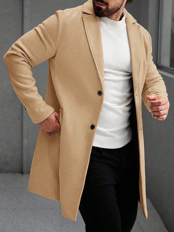 Manfinity Mode Men'S Solid Color Pocket & Button Front Long Sleeve Overcoat, Autumn Fall Clothes, Winter