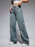 Jeanoix Washed Wide-Leg Jeans with Slanted Pockets Baggy Jeans Y2K