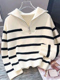 New Autumn/Winter Women Striped Crew Neck All-Match Sweater, Fashionable & Simple Pullover Design,Long Sleeve Tops