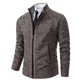 Autumn and Winter New Jersey Men'S Casual Sports Coat Solid Color Stand Collar Wweater Grab Fleece Warm Zipper Cardigan