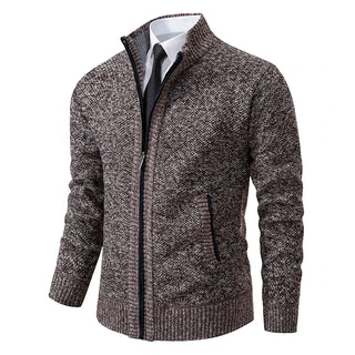 Autumn and Winter New Jersey Men'S Casual Sports Coat Solid Color Stand Collar Wweater Grab Fleece Warm Zipper Cardigan
