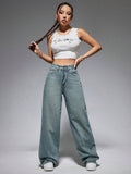Jeanoix Washed Wide-Leg Jeans with Slanted Pockets Baggy Jeans Y2K