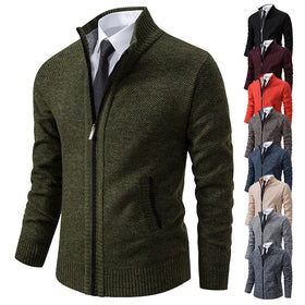 Autumn and Winter New Jersey Men'S Casual Sports Coat Solid Color Stand Collar Wweater Grab Fleece Warm Zipper Cardigan
