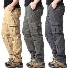 Large Pocket Loose Overalls Men'S Outdoor Sports Jogging Tactical Pants Elastic Waist Pure Cotton Casual Work Pants
