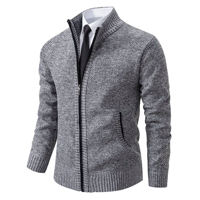 Autumn and Winter New Jersey Men'S Casual Sports Coat Solid Color Stand Collar Wweater Grab Fleece Warm Zipper Cardigan
