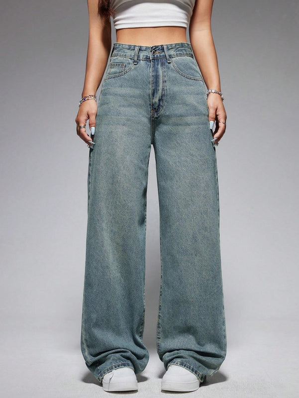 Jeanoix Washed Wide-Leg Jeans with Slanted Pockets Baggy Jeans Y2K
