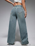Jeanoix Washed Wide-Leg Jeans with Slanted Pockets Baggy Jeans Y2K
